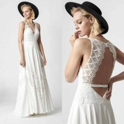 Boho Brautkleid Hochzeitskleid Weiß Ivory V-Ausschnitt Leckage Zurück 38 40 42 - Bild 1 von 4