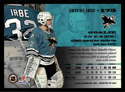 1994-95 Leaf Arturs Irbe #175 - San Jose Sharks | eBay