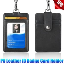 ID Badge Card Holder Pu Leather Vertical Clip Neck Strap Lanyard Necklace Case