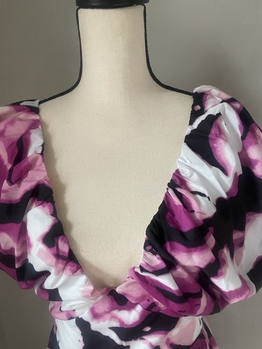 Melloday Beautiful Floral Maxi Dress Small Deep V-Neck Puff Sleeves Pink Blk Wht - Picture 2 of 9