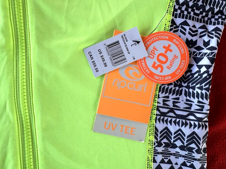 НОВЫЙ С ЯРЛЫКАМИ RIP CURL ЖЕНЩИН КРАСИВЫЙ ЛАЙМ ЗЕЛЕНЫЙ УФ ЗАЩИТЫ ЭЛАСТИЧНОЙ ФУТБОЛКА ВЕРХНИЙ ПОЛНЫЙ МОЛНИИ L - Изображение 4 из 4