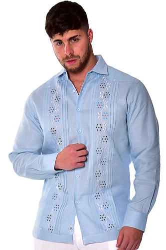 Bohio Mens 100% Linen Fancy Guayabera Style Shirt- Lt. Blue Embroidered MLFG2033