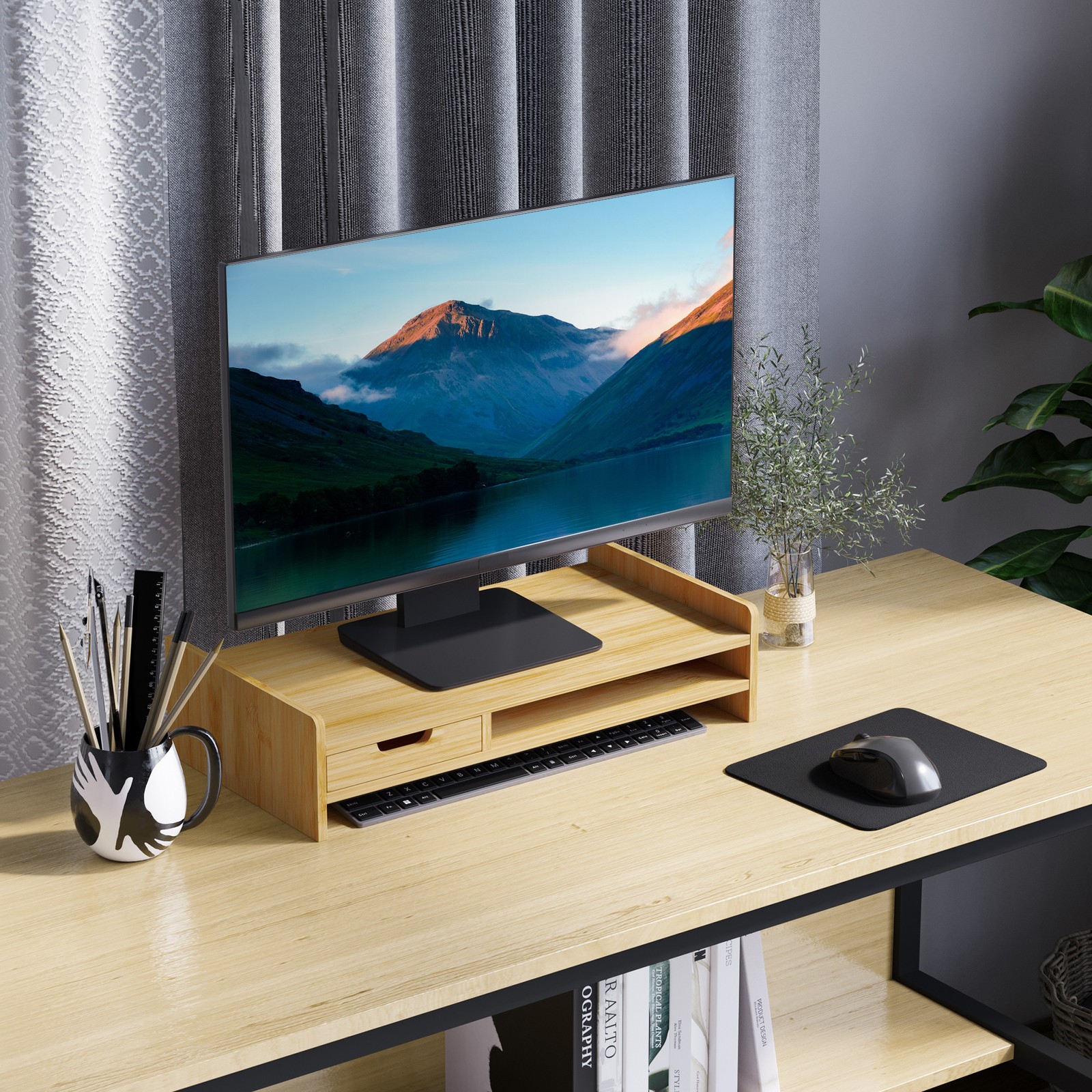 HOMCOM Porta Monitor PC con Spazio per Mouse e Tastiera e Cubo Portaoggetti foto 3