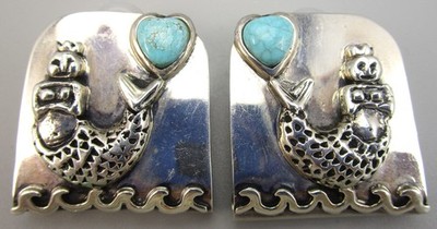 BEAUTIFUL DIAN MALOUF STERLING SILVER TURQUOISE MERMAID CLIP ON EARRINGS 26.3G