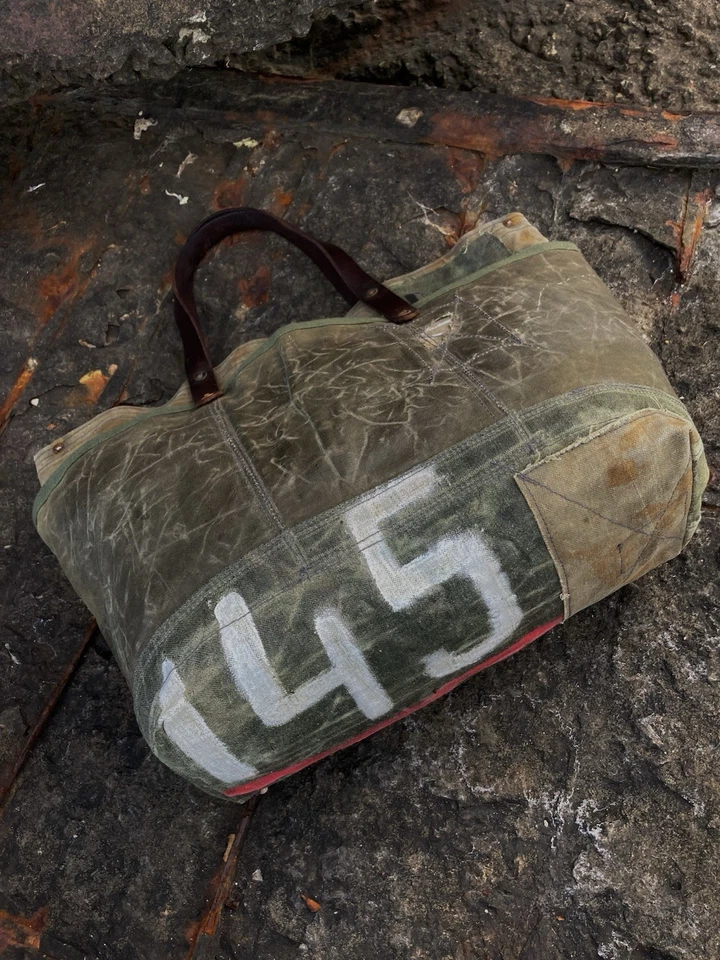 Reworked Heavy Duty Vintage Army Waxed Canvas Tote Bag Leather Handles Military - Image 4 of 4