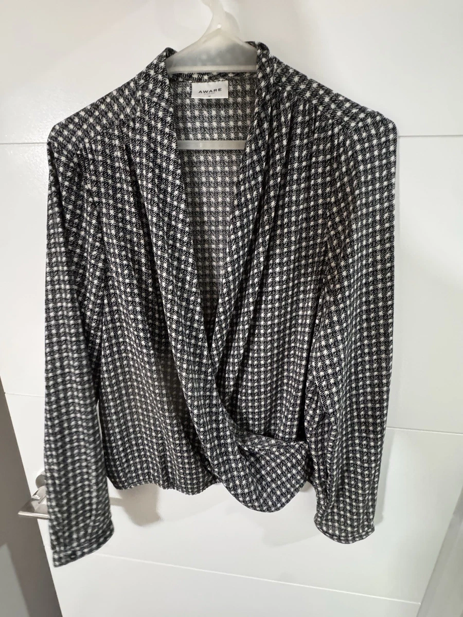 Aware by Vero Moda Black White Check Wrap V-Neck Long Sleeve Blouse M
