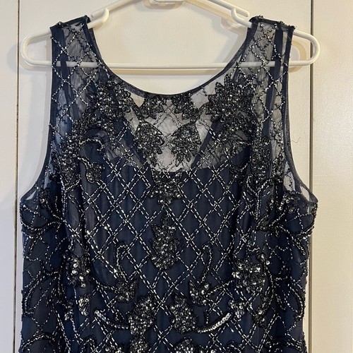 Adrianna Papell Beaded Sequin Embroidered Cocktail Dress Navy Blue Size 14 - Picture 4 of 8