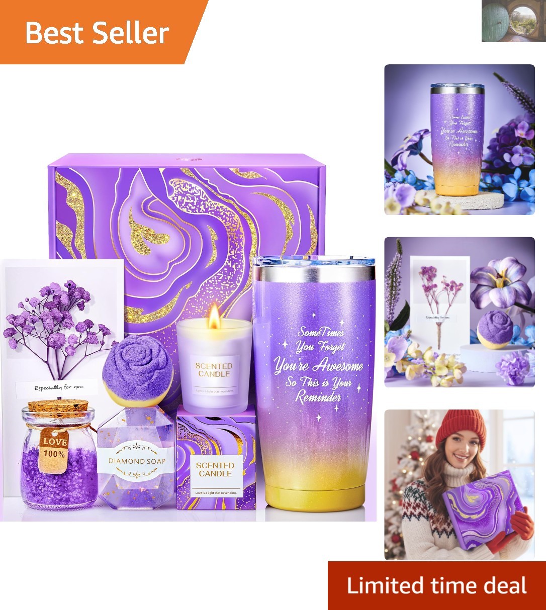 Elegante cesta de regalo de autocuidado con elementos esenciales de spa de lavanda y vasos de novedad