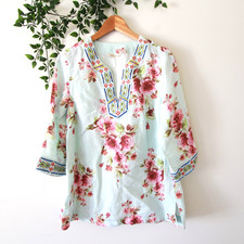 Soft Surroundings Blue  Pink Floral Beaded 3/4 Sleeve V Neck Tunic Top Size S