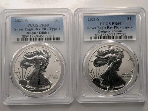 2021 Reverse Proof American Silver Eagle Designer Set Type 1 & 2 PCGS PR69