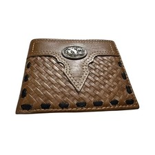Western Stakes Leather Wallet Basketwave Cowboy Praying at Cross Concho Cowhide
