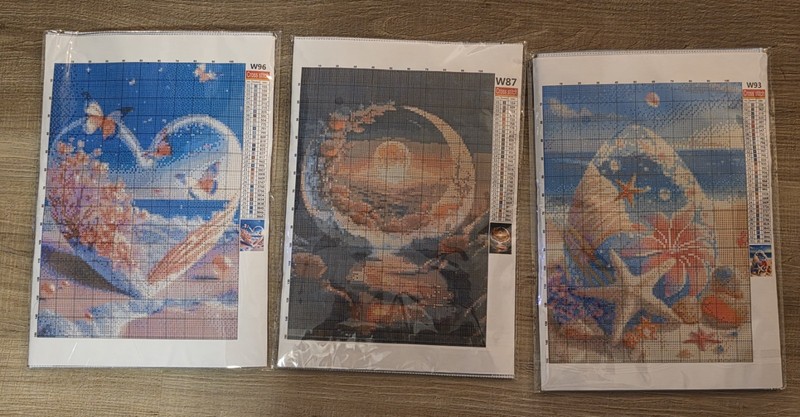 Lot Of 3 Colorful Cross Stitch Landscapes 30cm X 40cm - New - Hearts, Beach, Sea