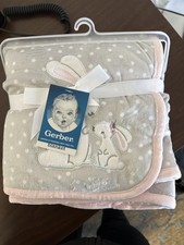 Gerber Baby Blanket Gray Pink Bunny Polka Dot Plush Soft Security Throw New