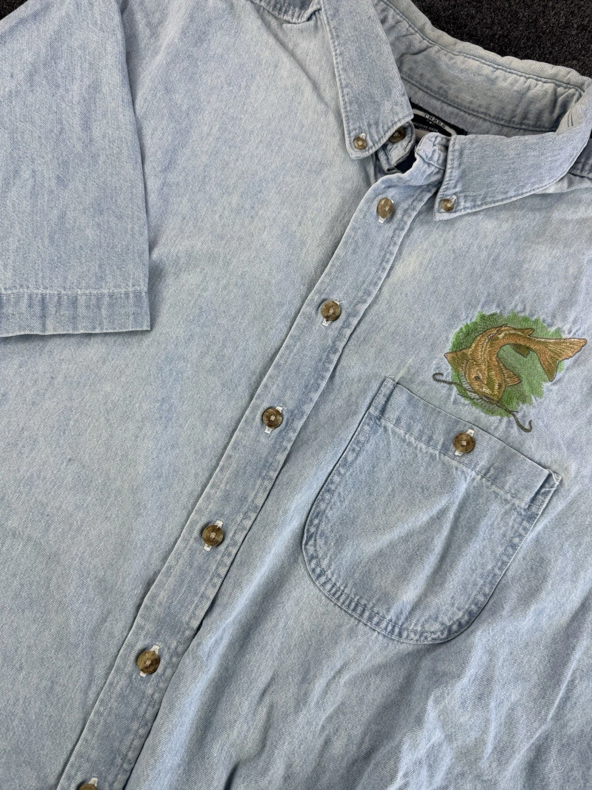 Three Rivers Fishing Shirt XXL Light Blue Button Up Embroidered Fish
