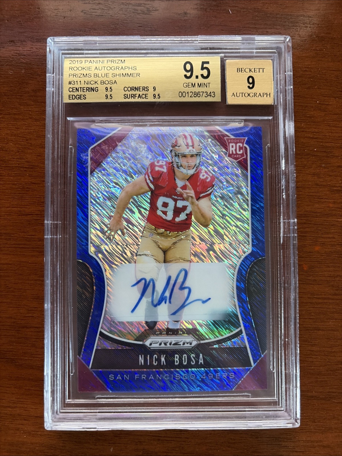 Nick Bosa PSA 10 2019 Panini Prizm 4/10 Rookie Auto Red Wave 49ers Blue Shimmer view 1