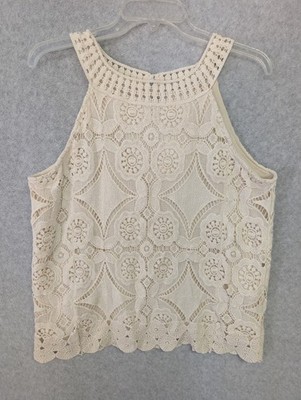 Adiva Womens M Crochet Tank Boho Festival Ivory/Beige Cottagecore Scalloped Hem