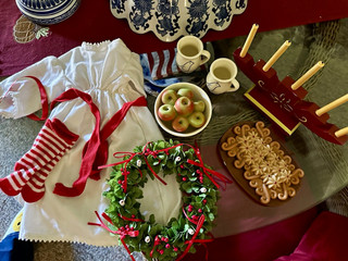American Girl Kirsten Doll Holiday outfit wreath treats pottery candleabra