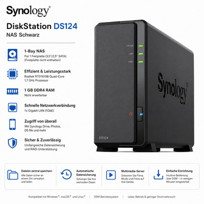 Synology DiskStation DS124 NAS Schwarz 1-Bay Netzwerk Speicher