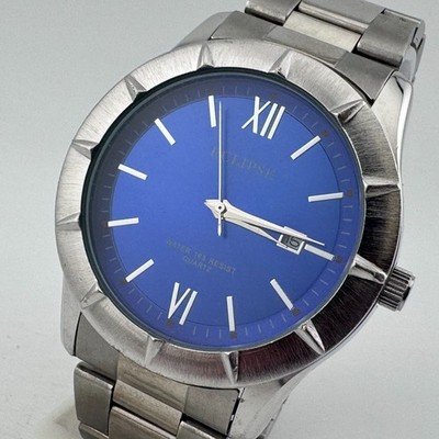 VTG Eclipse Quartz Watch Men 50m Silver Blue Date Fixed Bezel New Battery 7.5''