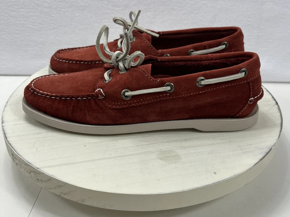 LL Bean Mujer Rojo Salmón Gamuza Dos Ojales Barco Zapatos Talla 6.5 M Foto 3 de 4