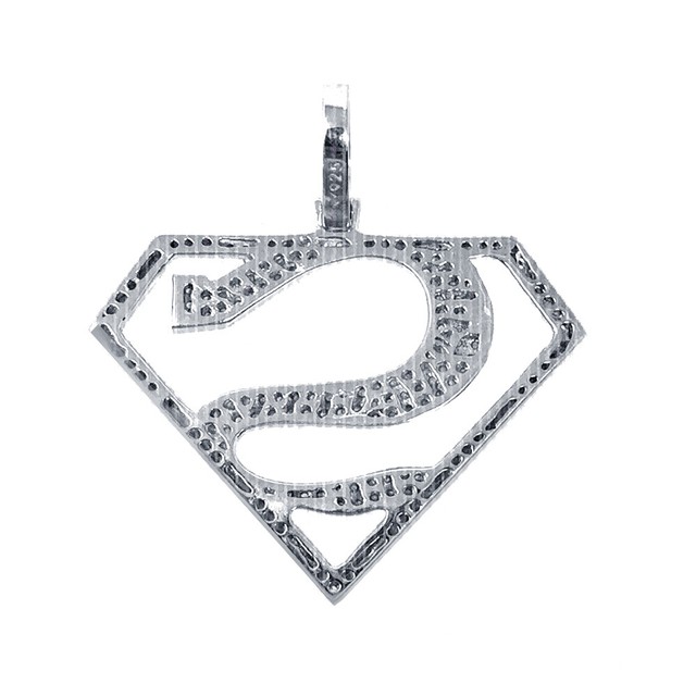 14K White Gold Over Silver Superman Logo Genuine Diamonds Charm Pendant