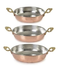 3-Piece Handmade Copper Pan Set – Traditional Turkish Sahan – Tin Lined – Hammer
