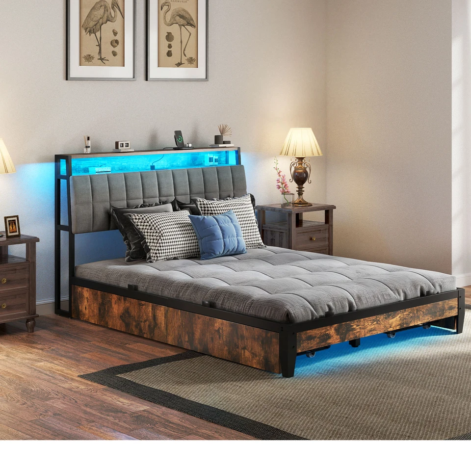 Full/Queen/King Size Bed Frame Upholstered Platform w/RGB LED Lights & 4 Drawers - Image 3 of 4
