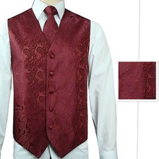 Burgundy Paisley Tuxedo Suit Dress Vest Waistcoat Neck tie and Pocket Square