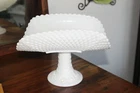 Vintage Milk Glass Pedestal Banana Stand Unusual Circles and Hobnail Scalloped