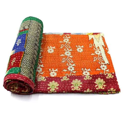 Vintage Kantha Quilt Indian Cotton Bedspread Reversible Throw Blanket