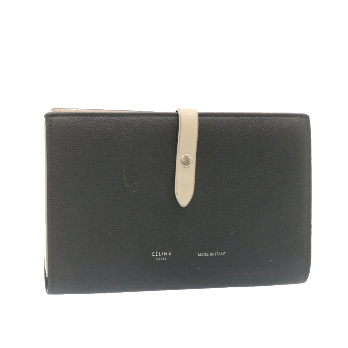 CELINE Large Strap Wallet Leather Black Auth ai152