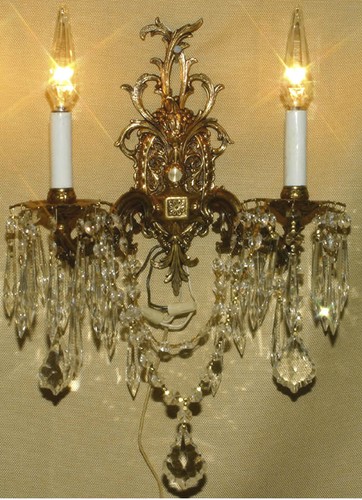 Par Aplique Lámpara Vintage Bronce Latón Cristal ROCOCO España Francesa Antiguo - Imagen 2 de 5