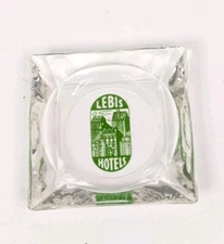 Lebis Hotels Clear Glass Green Art Ashtray Square 3.5” 1960s 1970s