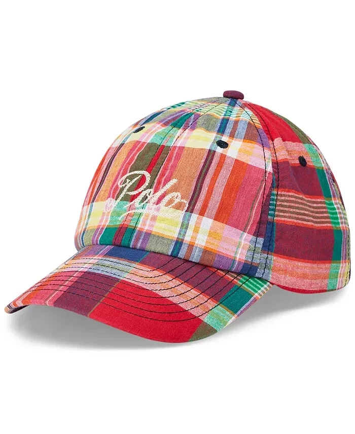 POLO RALPH LAUREN Men's Madras Plaid Baseball Cap Hat Cursive Logo LEATHER STRAP