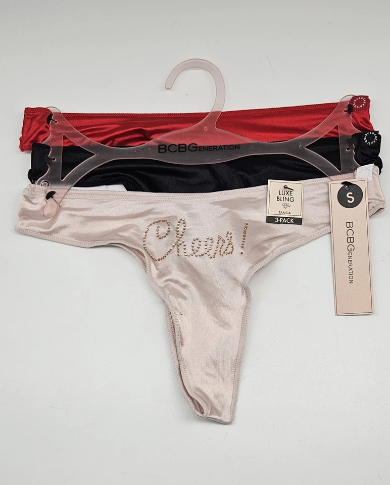 BCBGeneration 3 Pk Mujer S M L Saludos Lujo Bling Tanga Bragas Rojo Negro Beige Foto 2 de 4