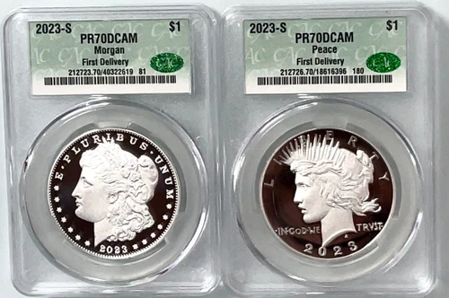 2023-S Proof Morgan & Peace Silver Dollar $1 (PR70) CAC First Delivery FD - CAC