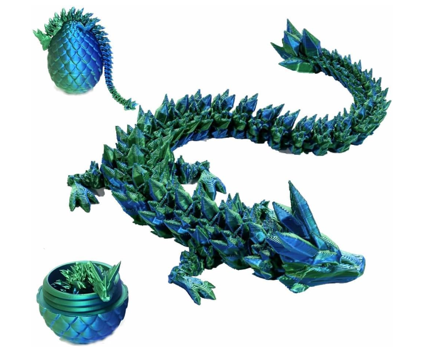 3D Printed Dragon Eggs with Articulated Crystal Dragon - Fidget Desk Toy (Green)