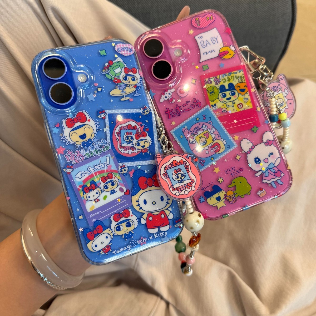 Cute Clear Glitter Tamagotchi Chain Case Cover For iPhone 16 Pro Max 15 14