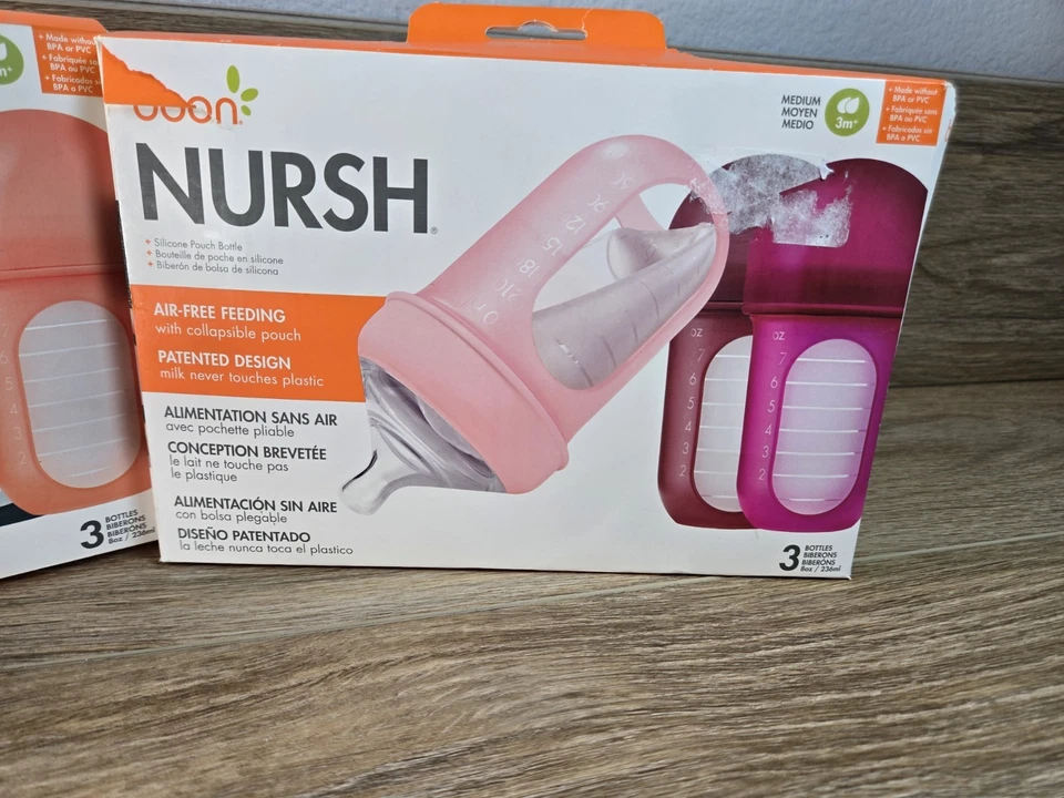 Boon Nursh Baby Bottle 8oz 2 Packs Of 3 (6 Total) Air Free Feeding Anti Colic. - Image 2 of 4