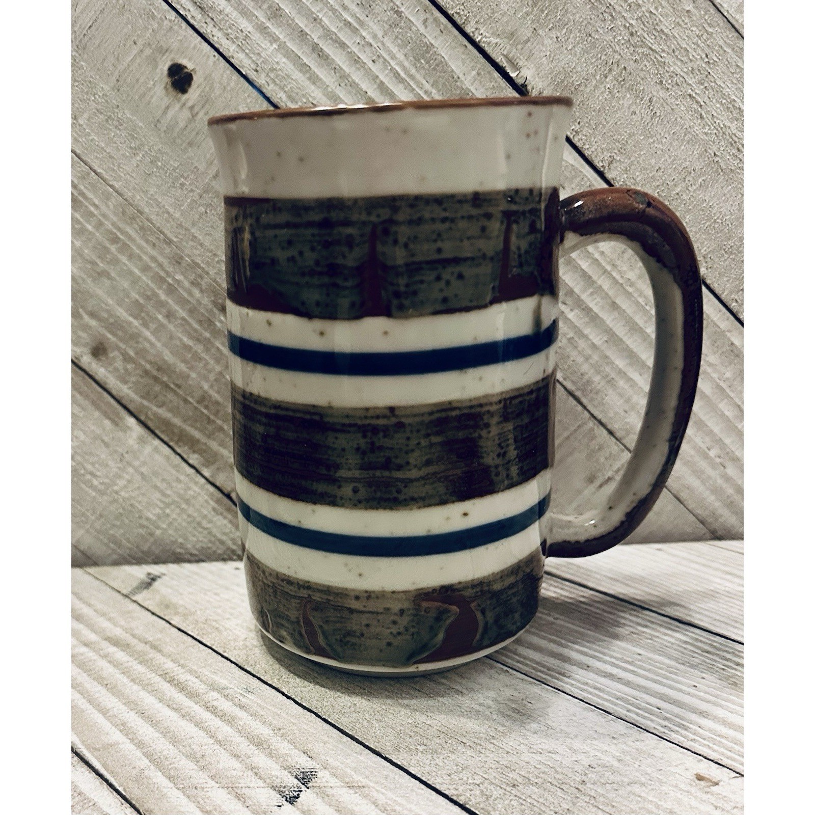 Vintage Studio Pottery Striped Stoneware Coffee Mug Brown Blue Speckled Glaze