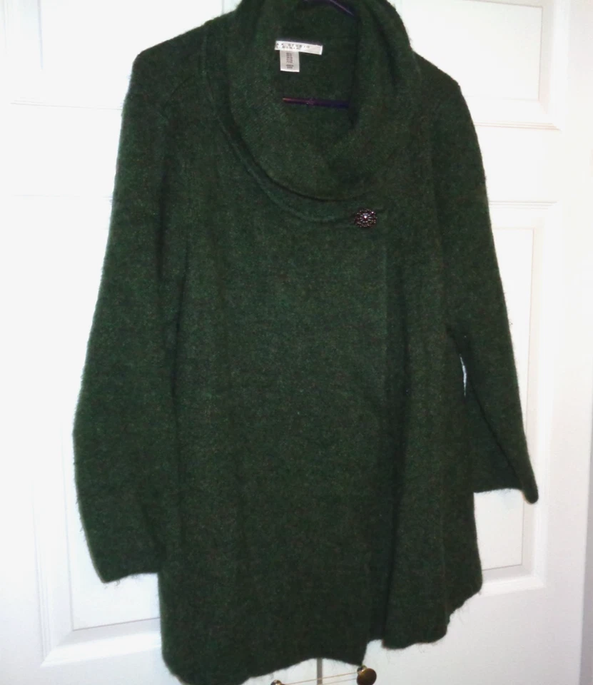 MAX STUDIO WOMEN PLUS 1X DARK GREEN CARDIGAN SWEATER 1 BUTTON DRAPED COLLAR - Image 2 of 4