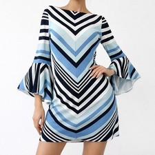 Roz & Ali Chevron Stripe Bell Sleeve Dress Womens XS Blue Navy White Shift Chic
