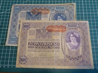 AUTRICHE LOT de 2 X 10000 KRONEN 1918 RECHERCHES & EN ETATS D'USAGE !