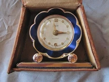 1954 Sheffield Small Travel Alarm Clock Flower Design w/ German Leather Case