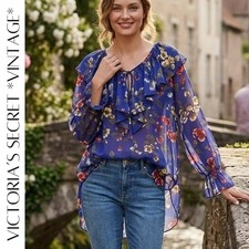 RARE Victoria s Secret Vintage Gold Label Floral Poet Blouse Ruffle Sheer M/L