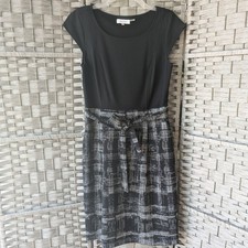 Calvin Klein Sheath Dress Black Gray Grid Print Cap Sleeve Tie Belt Sz 8 Office
