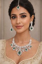Elegant Wedding Jewelry Set Necklace Earrings Headpiece Green/Blue Stone Bridal