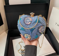 EVENING BAG-Sparkling Rhinestone Heart Clutch Purse - Vintage Style Floral