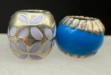 STERLING SILVER BLUE RESIN PETAL INLAY SLIDING BEAD CHARM PAIR
