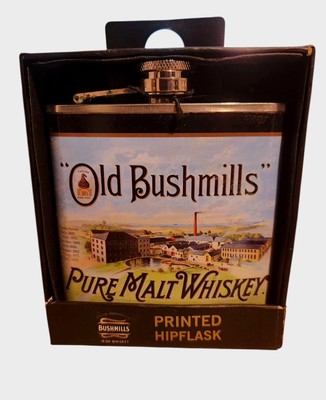 Old Bushmills Pure Malt Whiskey Printed Hip Flask ~ New in Original Box
